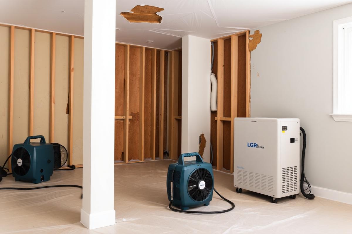 Air movers and a dehumidifier drying a room with exposed wall studs