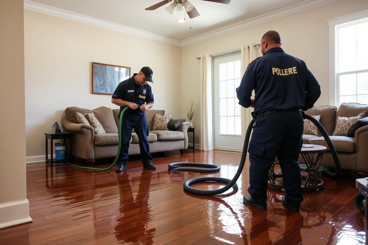 Restoration technicians extracting standing water from a flooded living room