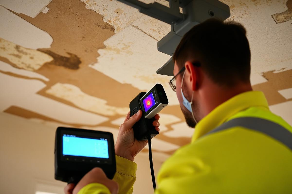 Technician checking a water-stained ceiling with a thermal camera and moisture meter