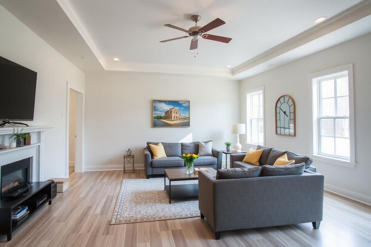 Bright finished living room after water damage repairs were completed